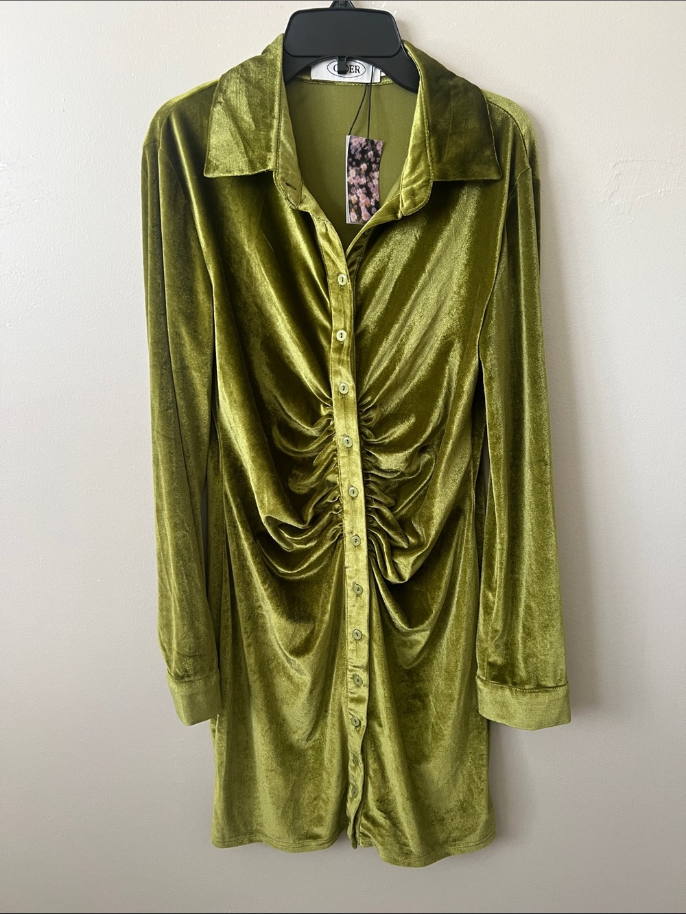 Cider Olive Green Velvet Ruched Button Front Mini Dress Large NWT